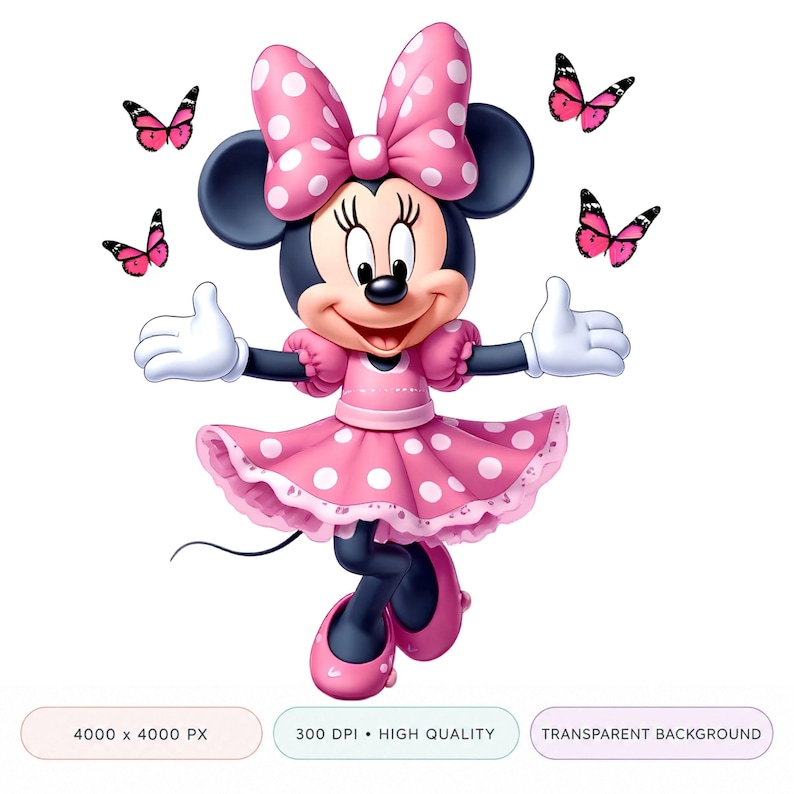 May include: A cartoon illustration of Minnie Mouse in a pink polka-dot dress and bow. She has black ears and is surrounded by pink butterflies. Her white gloves are raised in a thumbs-up gesture. The image has a transparent background.