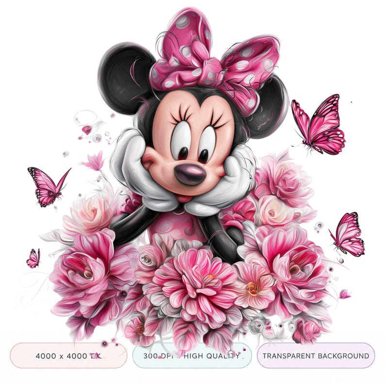 May include: A digital illustration of Minnie Mouse surrounded by pink flowers and butterflies. Minnie Mouse is wearing a pink dress and a polka-dot bow. The image has a transparent background and is labeled "4000 x 4000 TX", "300 DPI HIGH QUALITY".