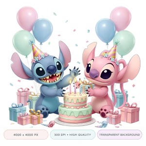 K&ouml;nnte beinhalten: Eine digitale Illustration mit zwei Zeichentrickfiguren, einer blauen und einer rosa, die einen Geburtstag feiern. Sie sind von Luftballons, Geschenken und einer zweist&ouml;ckigen Torte mit brennenden Kerzen umgeben. Das Bild hat einen transparenten Hintergrund.