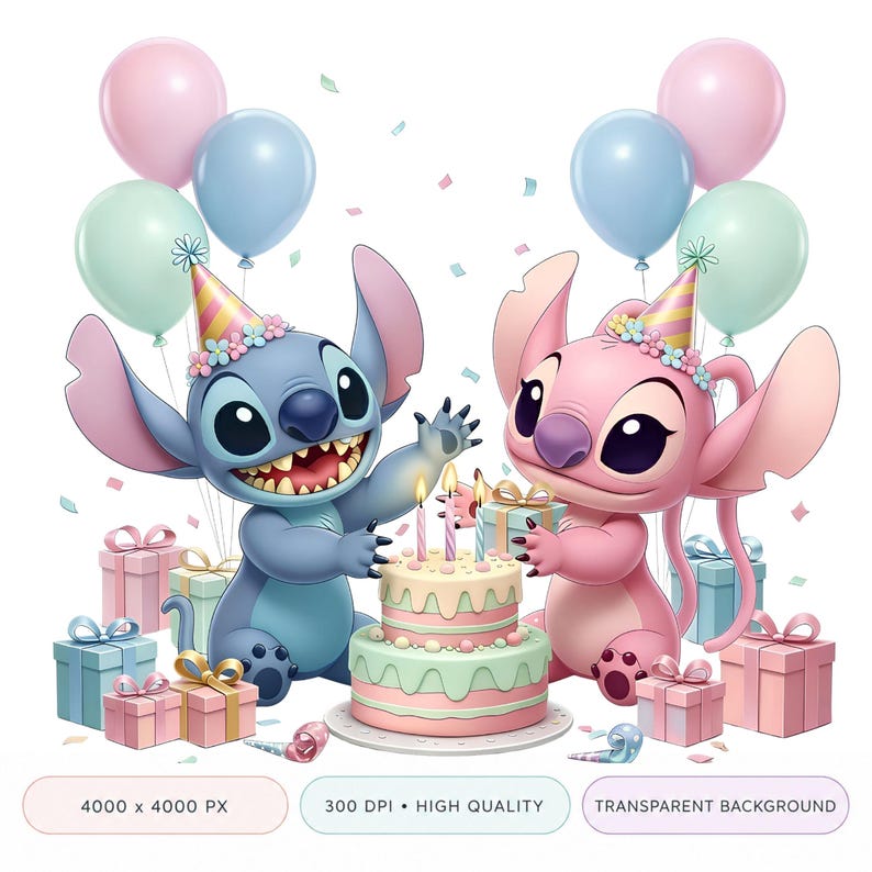 K&ouml;nnte beinhalten: Eine digitale Illustration mit zwei Zeichentrickfiguren, einer blauen und einer rosa, die einen Geburtstag feiern. Sie sind von Luftballons, Geschenken und einer zweist&ouml;ckigen Torte mit brennenden Kerzen umgeben. Das Bild hat einen transparenten Hintergrund.