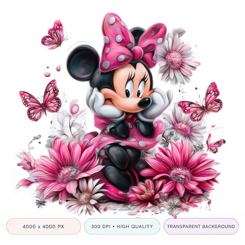 May include: A digital illustration of Minnie Mouse in a pink polka-dot dress and bow, surrounded by pink flowers and butterflies. The image has a transparent background and is high quality.