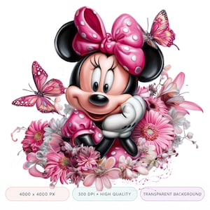 May include: A digital illustration of Minnie Mouse surrounded by pink and white flowers and butterflies. Minnie Mouse is wearing a pink polka-dot bow, dress, and gloves. The butterflies have pink and purple wings.