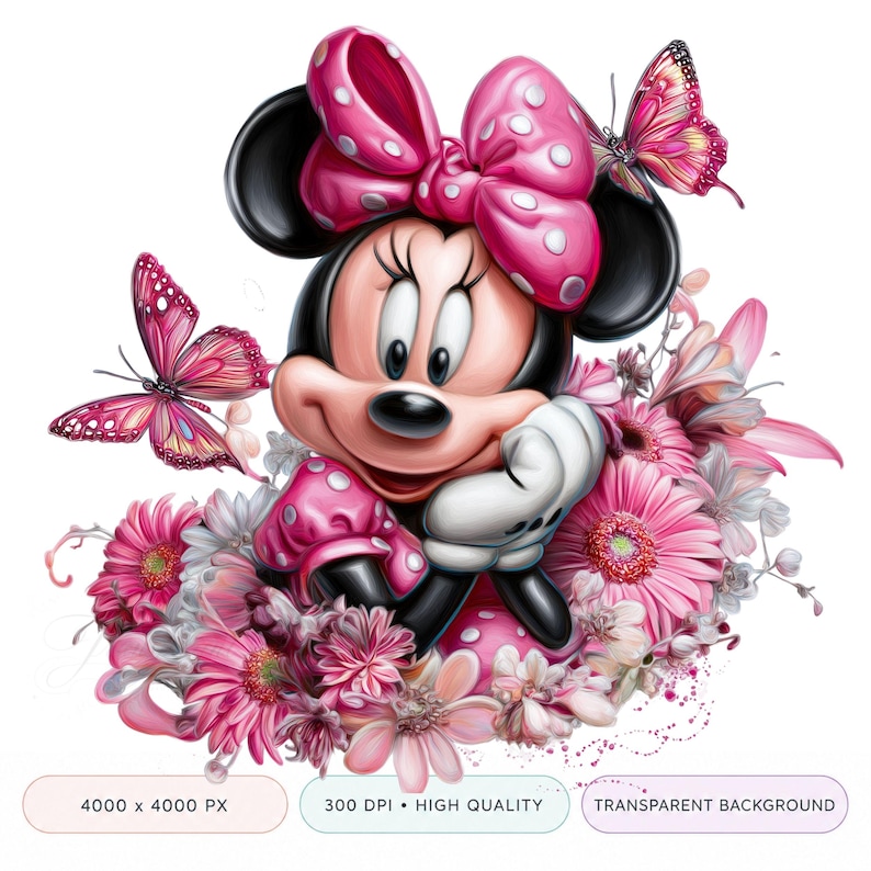 May include: A digital illustration of Minnie Mouse surrounded by pink and white flowers and butterflies. Minnie Mouse is wearing a pink polka-dot bow, dress, and gloves. The butterflies have pink and purple wings.
