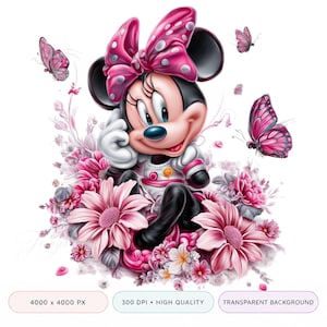 May include: A digital illustration of Minnie Mouse surrounded by pink flowers and butterflies. Minnie Mouse is wearing a white and pink outfit with a polka dot bow. The image has a transparent background and is high quality.