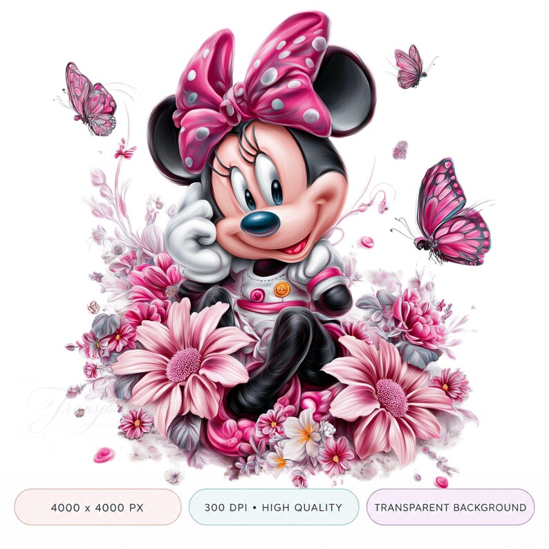 May include: A digital illustration of Minnie Mouse surrounded by pink flowers and butterflies. Minnie Mouse is wearing a white and pink outfit with a polka dot bow. The image has a transparent background and is high quality.