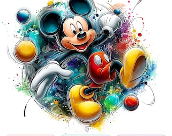 Mickey Mouse Watercolor Splash PNG | Cartoon Clipart (Digital Download)