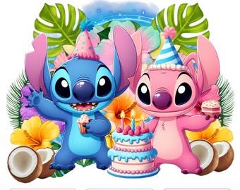 Stich und Engel Geburtstag PNG, süße Stitch Party Clipart, Sofortiger Download, Tropischer Geburtstag PNG, Kuchendeckel, hochwertige PNGs
