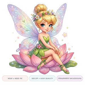 Puede incluir: Ilustración digital de un hada con cabello rubio y ojos azules, vestida con un vestido verde y sentada sobre una flor de loto rosa. El hada tiene grandes alas iridiscentes y está adornada con flores. La imagen tiene un fondo transparente.