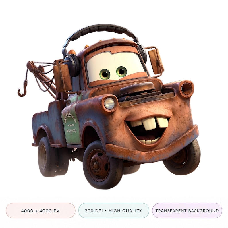 May include: A cartoon image of Mater, a rusty tow truck with a large, toothy grin and green eyes. He wears headphones and has a tow hook extending from his side. The background is transparent.