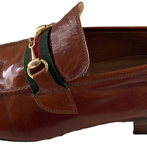 Gucci Vintage 1970s Mens Heeled Loafers Cognac Brown 45.5 Italy 11.5 US Horsebit