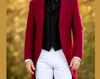 Herren Brighton Burgundy Wolle Regency Tailcoat, Vintage viktorianischer Steampunk Regency Mantel