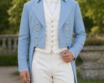 Herren Brighton Sky Blue Wolle Regency Tailcoat, Vintage viktorianischer Steampunk Regency Mantel