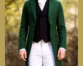 Men's Brighton Green Wool Regency Tailcoat, Vintage Victorian steampunk Gothic Coat
