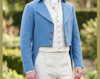 Herren Brighton Sky Blue Wolle Regency Tailcoat, Vintage viktorianischer Steampunk Regency Mantel