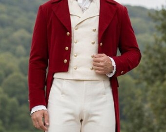 Herren Brighton Red Wool Regency Tailcoat, Vintage viktorianischer Steampunk Regency Mantel