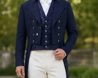 Herren Brighton Blue Wool Regency Tailcoat, Vintage viktorianischer Steampunk Regency Mantel