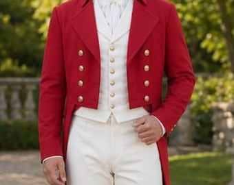 Herren Brighton Red Wool Regency Tailcoat, Vintage viktorianischer Steampunk Regency Mantel