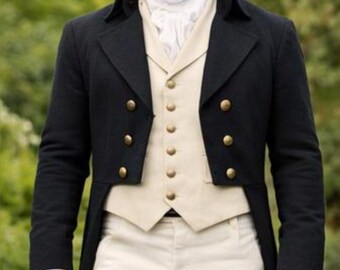 Men's Brighton Black Wool Regency Tailcoat, Vintage Victorian steampunk Regency Coat