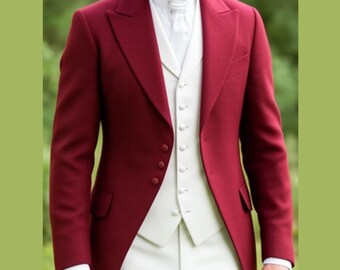 Herren Brighton Burgundy Wolle Regency Tailcoat, Vintage viktorianischer Steampunk Regency Mantel