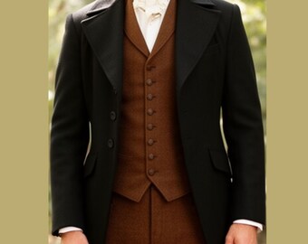 Herren Brighton Black Wool Regency Tailcoat, Vintage viktorianischer Steampunk Regency Mantel