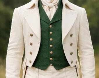 Men's Brighton White Wool Regency Tailcoat, Vintage Victorian steampunk Regency Coat