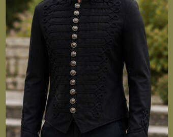 Men's Black Hussar Military Jacket with Braiding, Steampunk Buttons