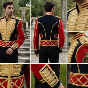 May include: A military-style jacket featuring a navy blue and red color scheme with intricate gold braided trim and metallic buttons. The garment includes a high collar, structured shoulders with gold epaulets, and a diamond-patterned waist band.