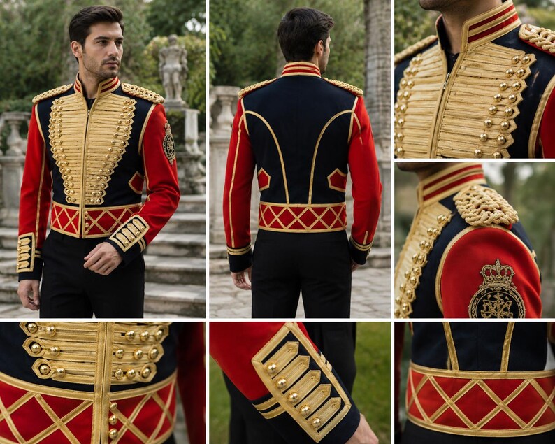 May include: A military-style jacket featuring a navy blue and red color scheme with intricate gold braided trim and metallic buttons. The garment includes a high collar, structured shoulders with gold epaulets, and a diamond-patterned waist band.