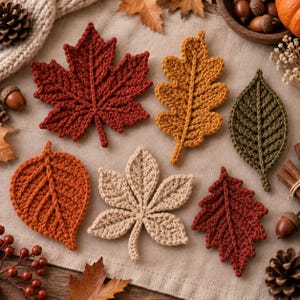 May include: A collection of six crocheted leaf appliques in various autumn colors including deep red, golden yellow, olive green, burnt orange, and cream. Each piece features detailed yarn stitching that mimics the veins and shapes of foliage.