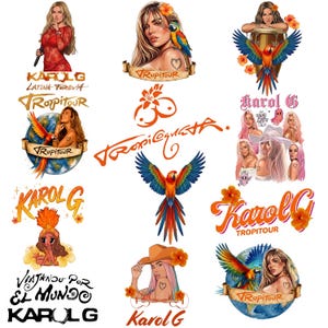 May include: A selection of digital illustrations featuring singer Karol G. The images include portraits, parrots, and text such as "Tropitour" and "Karol G Latina Foreva". The artwork is bright and colourful.