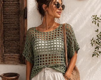 Modello PDF per top a rete all'uncinetto, abito da spiaggia boho, cardigan estivo all'uncinetto, modello per gilet leggero all'uncinetto, abbigliamento da spiaggia
