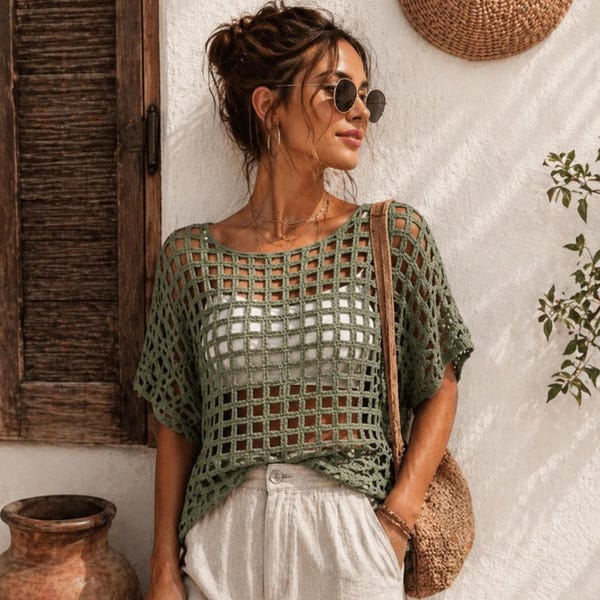 Crochet Mesh Top Pattern PDF, Boho Beach Dress, Summer Crochet Cardigan Top, Lightweight Crochet Vest Pattern, Beachwear Outfit
