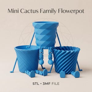 May include: Three blue mini cactus flowerpots with geometric, textured, and spiral designs. Each pot has legs and arms, giving them a playful appearance. The text "Mini Cactus Family Flowerpot" and "STL • 3MF FILE" are displayed.