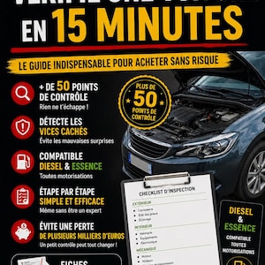 Könnte beinhalten: Werbung auf Französisch für eine Checkliste zur Fahrzeuginspektion. Das Bild zeigt ein Auto mit geöffneter Motorhaube, eine Checkliste und Symbole für die Wartung von Autos und Kraftstoffarten.