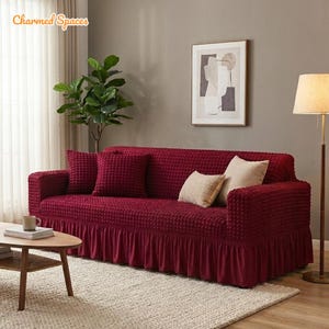 Stretchable Sofa Cover with Skirt Washable Durable Couch Protector for Living Room