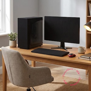 May include: A black fabric cover set for a computer tower and monitor, featuring a rectangular mouse pad. The covers are solid black and designed to fit over the hardware. A small red computer mouse sits on the wooden desk surface next to the mouse pad.