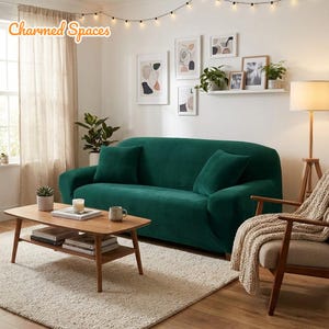 May include: A living room scene featuring a deep green sofa with two matching throw pillows. A wooden coffee table holds books, a candle, and a mug. The room is decorated with framed art, plants, and a neutral-toned rug. The wall has the text "Charmed Spaces".