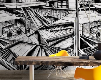 Black and White Brutalist Sketch Wallpaper Mural, Modern Industrial Home Decor, Abstract Architectural Art Print, Minimalist Office Decor