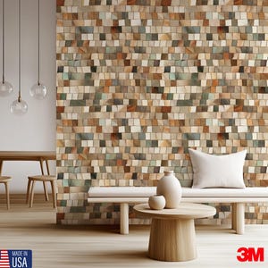 May include: A wall covering featuring a mosaic pattern of small, rectangular tiles in shades of beige, brown, gray, and muted green. The design creates a textured, grid-like appearance across the surface, providing a neutral and earthy aesthetic.