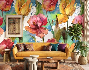 Pink and Yellow Watercolor Floral Tulip Wallpaper Mural, Bohemian Wall Decor, Maximalist Flower Wall Art, Nature Peel and Stick Mural