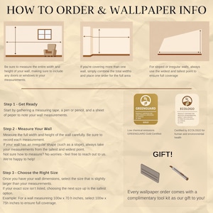 May include: An instructional infographic titled HOW TO ORDER & WALLPAPER INFO on a beige background. It features diagrams for measuring walls, steps for ordering, Greenguard Gold and Ecologo certification logos, and a gift tool kit illustration.