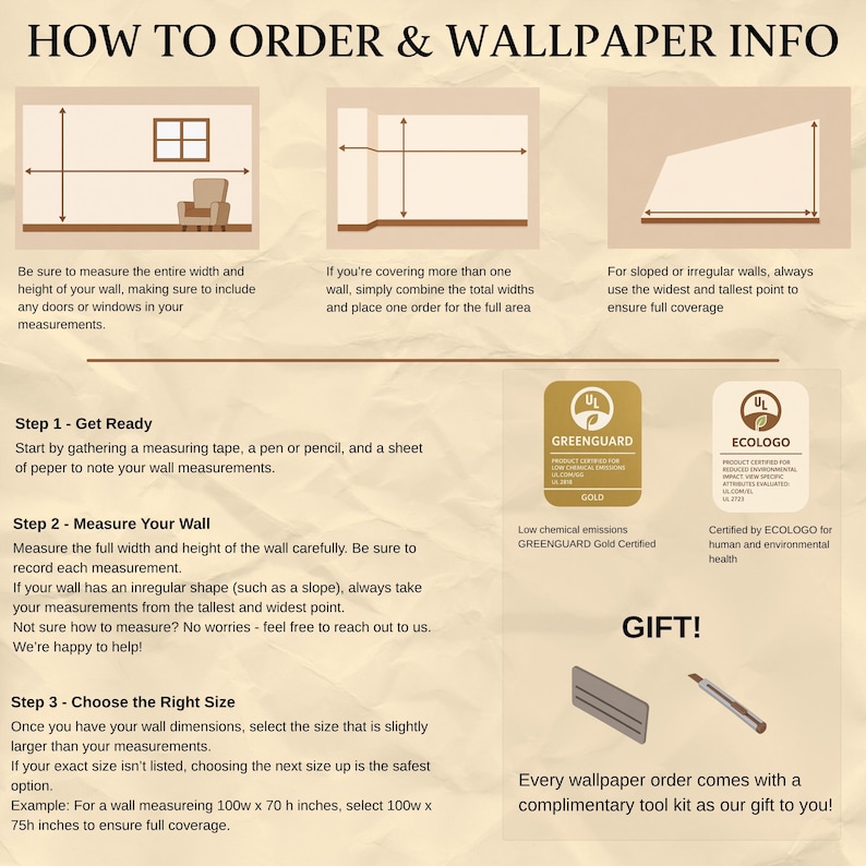 May include: An instructional infographic titled HOW TO ORDER & WALLPAPER INFO on a beige background. It features diagrams for measuring walls, steps for ordering, Greenguard Gold and Ecologo certification logos, and a gift tool kit illustration.