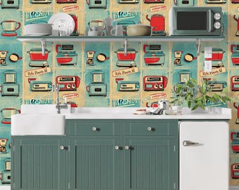 Retro Kitchen Pattern Teal Vintage Appliance Wallpaper, Mid Century Modern Wall Decor, 1950s Diner Aesthetic, Quirky Kitchen Art