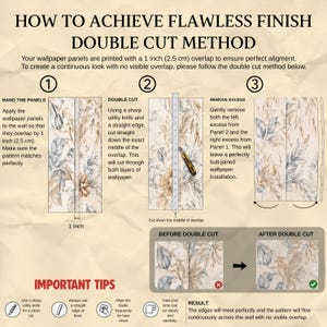 May include: An instructional infographic titled HOW TO ACHIEVE FLAWLESS FINISH DOUBLE CUT METHOD. It illustrates three steps for wallpaper installation using a 1 inch overlap, a utility knife, and a straight edge to create a seamless joint.