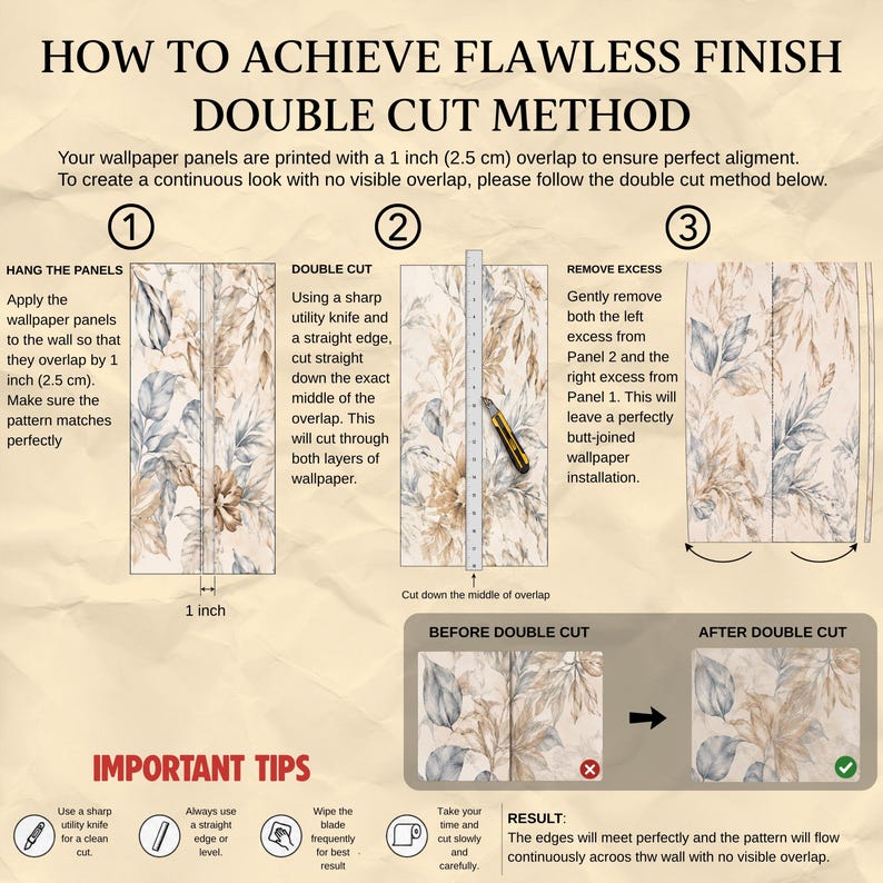 May include: An instructional infographic titled HOW TO ACHIEVE FLAWLESS FINISH DOUBLE CUT METHOD. It illustrates three steps for wallpaper installation using a 1 inch overlap, a utility knife, and a straight edge to create a seamless joint.