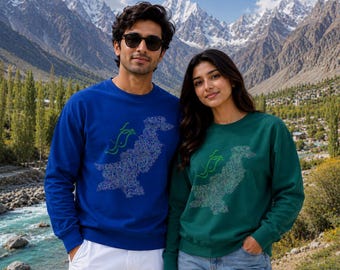 Pakistan Map Colorful Urdu Script Unisex Sweatshirt | Desi Casual Trendy Fashion Young Boys Girls Men Women Cultural Gift Winter Autumn Wear
