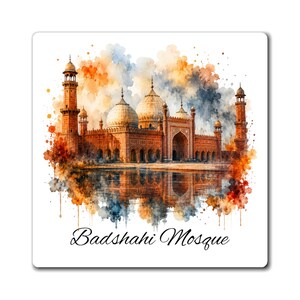 May include: A square print featuring a watercolor illustration of the Badshahi Mosque with its prominent domes and minarets. The artwork uses shades of orange, blue, and brown, with a reflection at the base and the text Badshahi Mosque below.