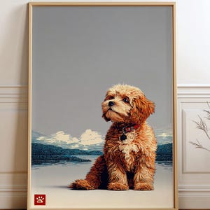 May include: A framed print featuring a fluffy, brown dog with a red collar. The dog is sitting, looking to the left, with a serene landscape background of water, mountains, and clouds. The frame is a light wood color.