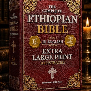 May include: A large, illustrated edition of "The Complete Ethiopian Bible" in English. The cover is a deep red with gold accents and ornate designs. Features include extra large print, 17-point font, and audio/video lessons.
