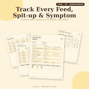 Puede incluir: Un rastreador de reflujo para bebés beige con el texto "Track Every Feed, Spit-up & Symptom". El rastreador incluye páginas para registros de sueño, alimentación y síntomas, y un calendario de resumen mensual. El texto "cozymini Baby Reflux Tracker" está en la parte inferior.